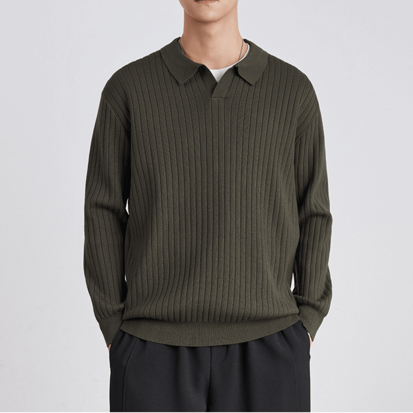 RIBBED POLO SWEATER - Grön